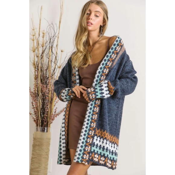 SOLD OUT Navy Tribal Pattern Knit Open Front Cardigan Fall Winter Boho Bohemian - Picture 2 of 5